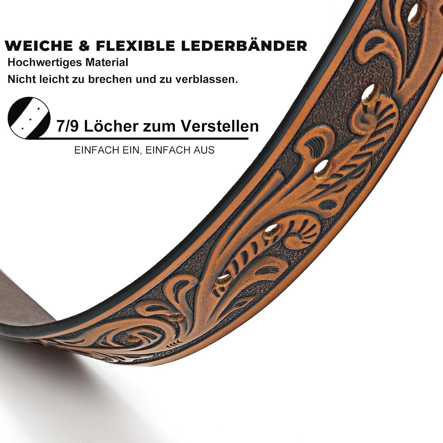 Detalle de BELTROAD Western Ledergürtel ohne Schließe für Jeans & Cowboystyle – verstellbarer Gürtel mit Austausch-System