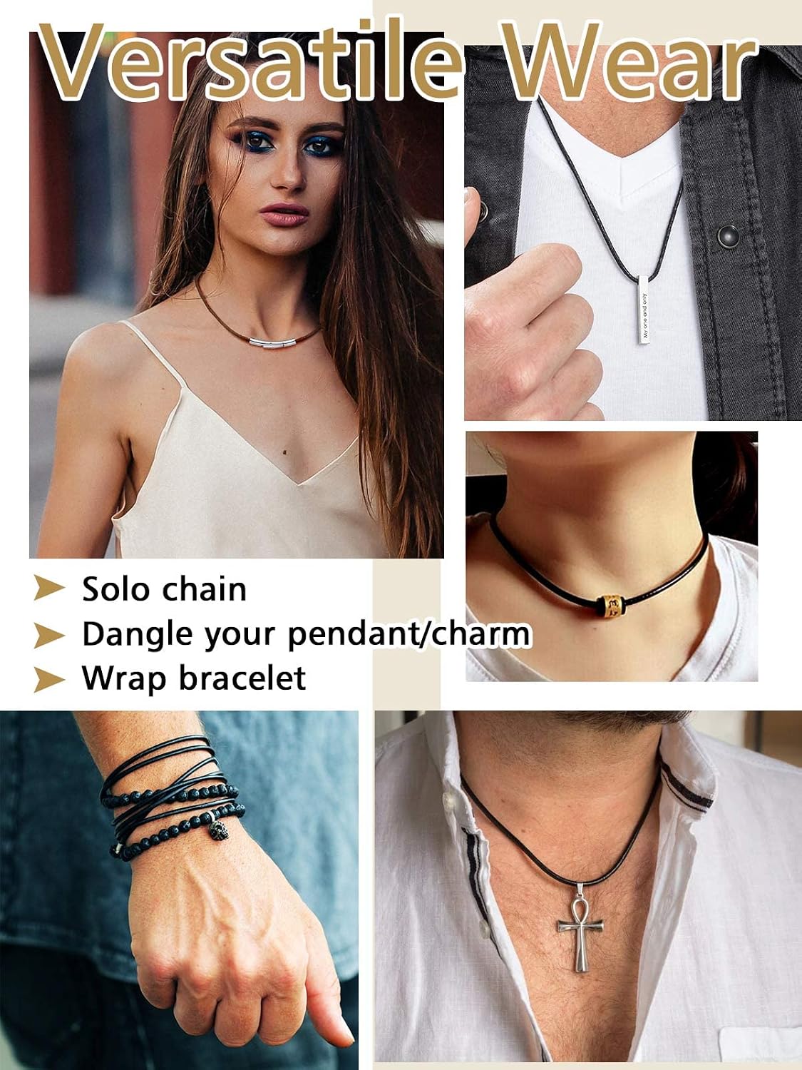 Thumbnail 3 de FindChic Lederkette 2/3 mm geflochten – Halskette aus Leder mit Edelstahlverschluss, 41–76 cm, Schwarz/Braun