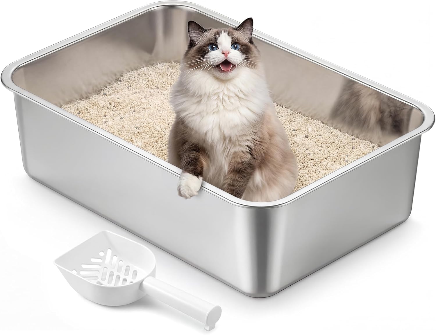 Detalle de Feandrea Lettiera per Gatti in Acciaio Inox, Vaschetta Aperta 50 x 35 x 15 cm – Argento PPT016E101