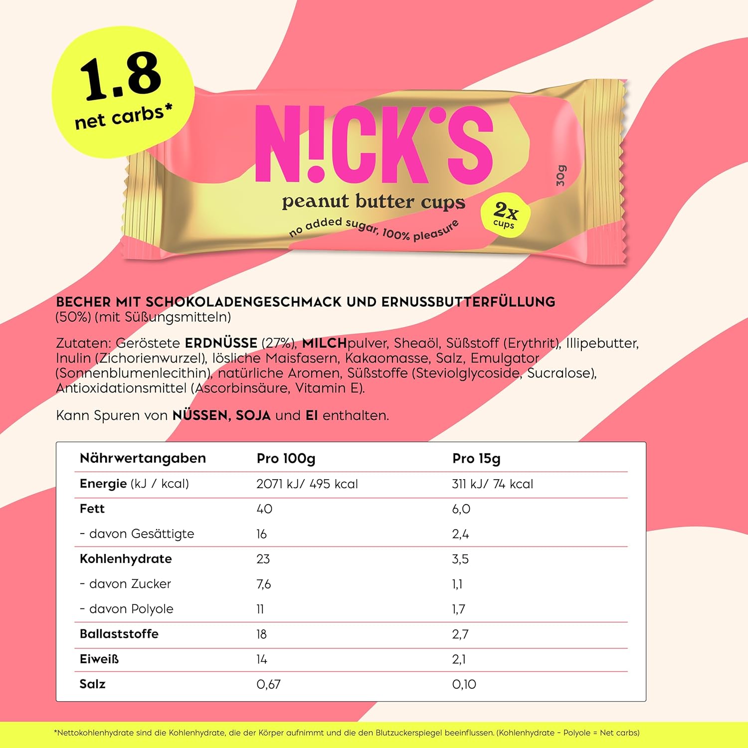Detalle 2 de NICKS Peanut Butter Cups Low Carb 12x30g 🍫