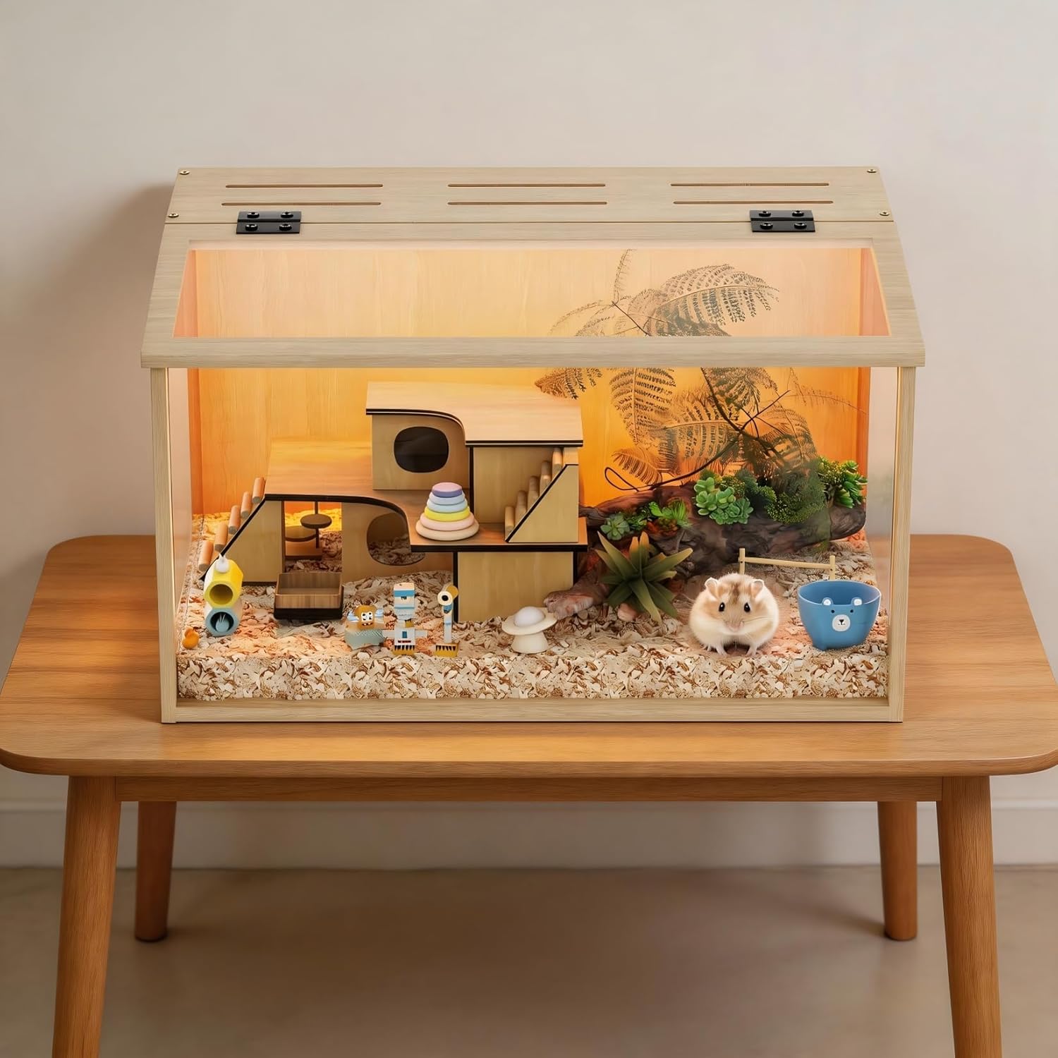 BingoPaw Wooden Hamster Cage (Openable Top with Tempered Glass) with Built-in LED Light – 60 x 40 x 40cm