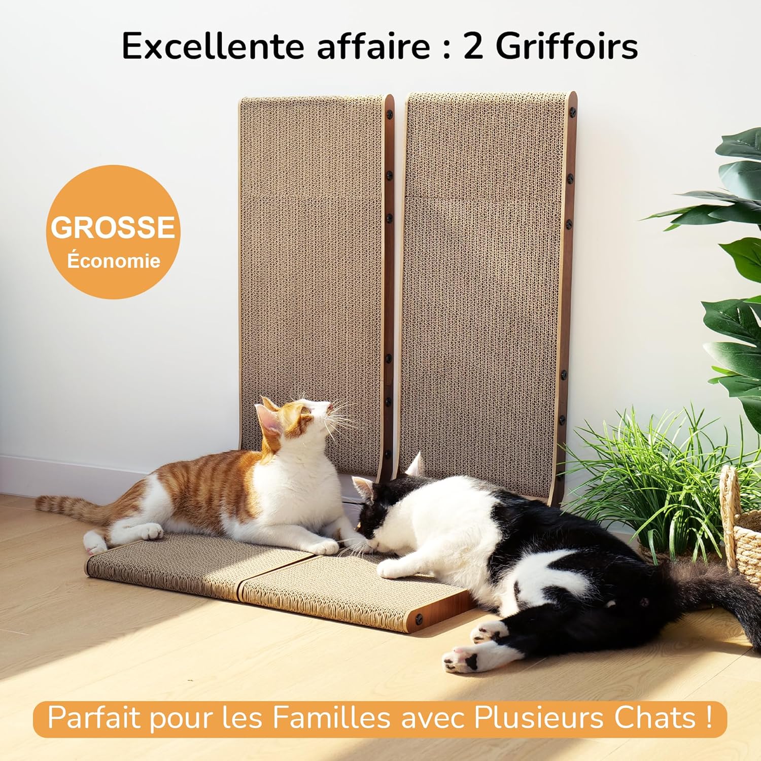 Thumbnail 2 de FUKUMARU Lot de 2 griffoirs en carton en forme de L, 68 cm (couleur noisette) pour chat d’intérieur