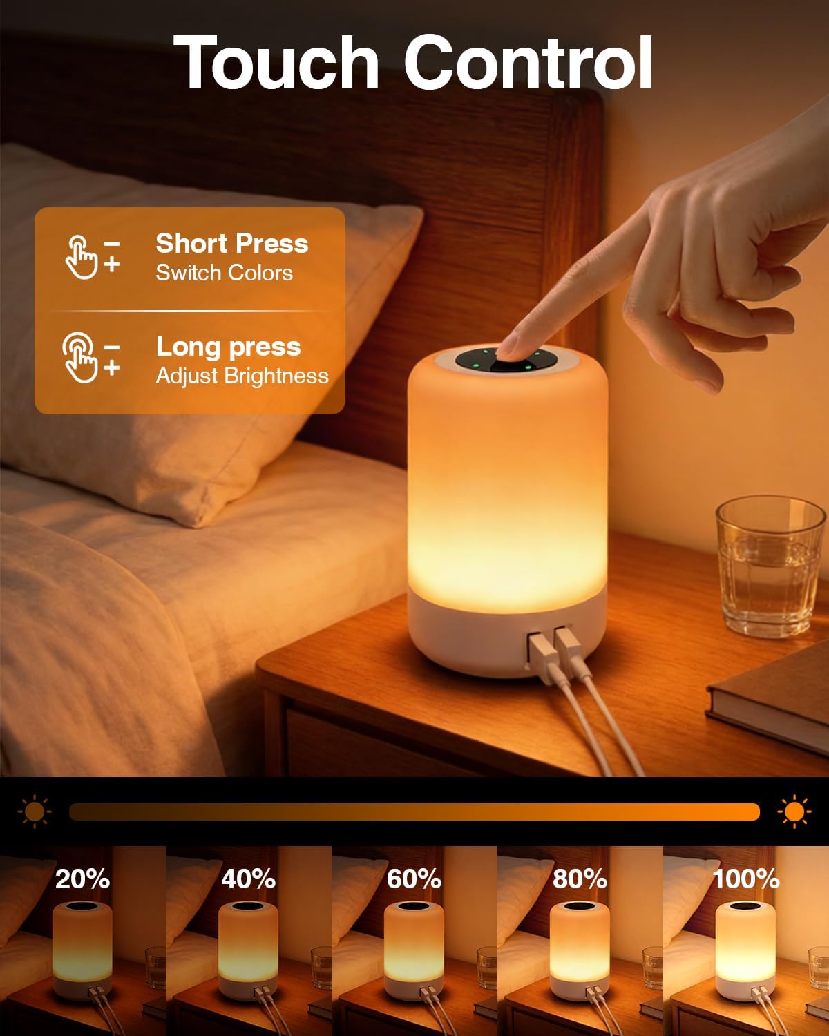 Thumbnail 1 de salipt Touch Control Bedside Lamp with 4-Port USB Charging, Colour-Changing Night Light and Adjustable Brightness