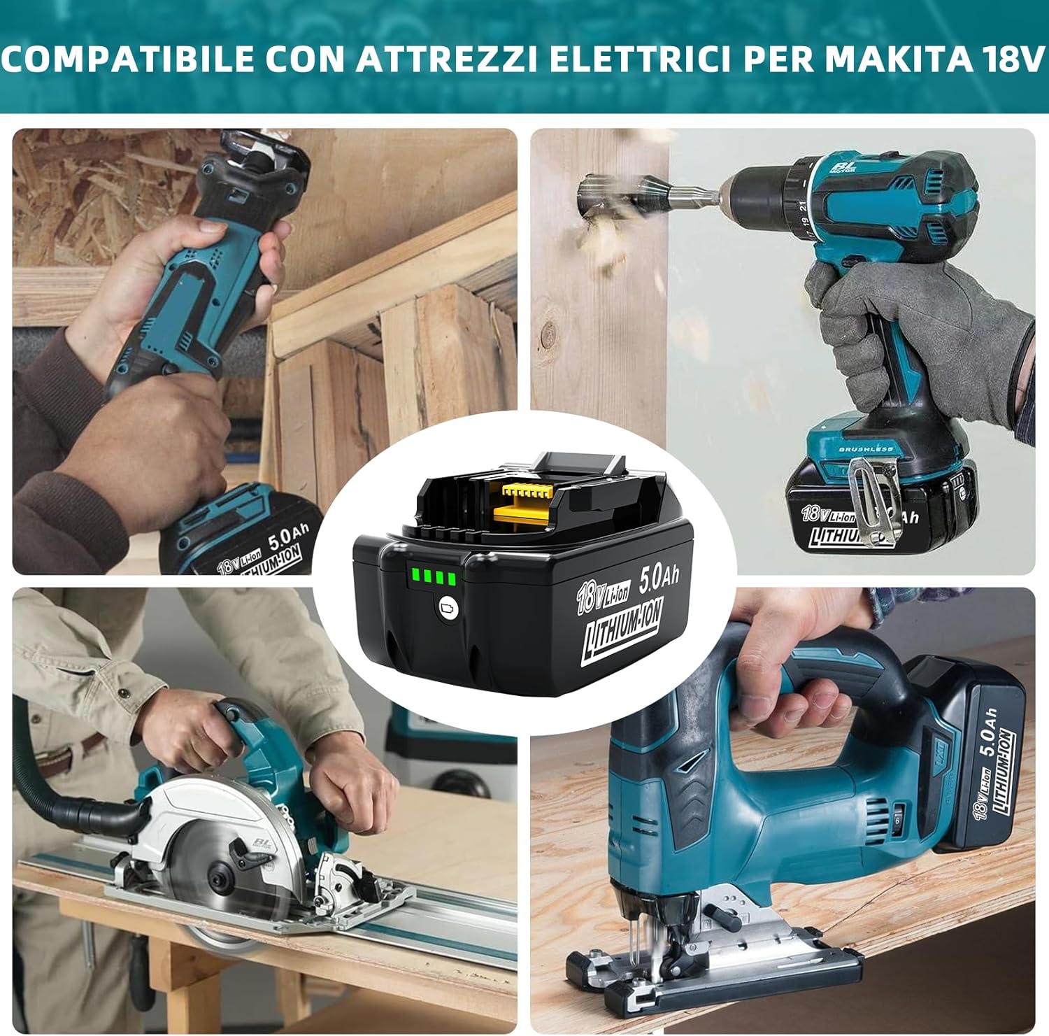 Detalle de Batterie di ricambio Makita 18V da 2 pezzi da 5.0Ah (5000mAh) Li‑ion, compatibili con BL1860 e altri modelli