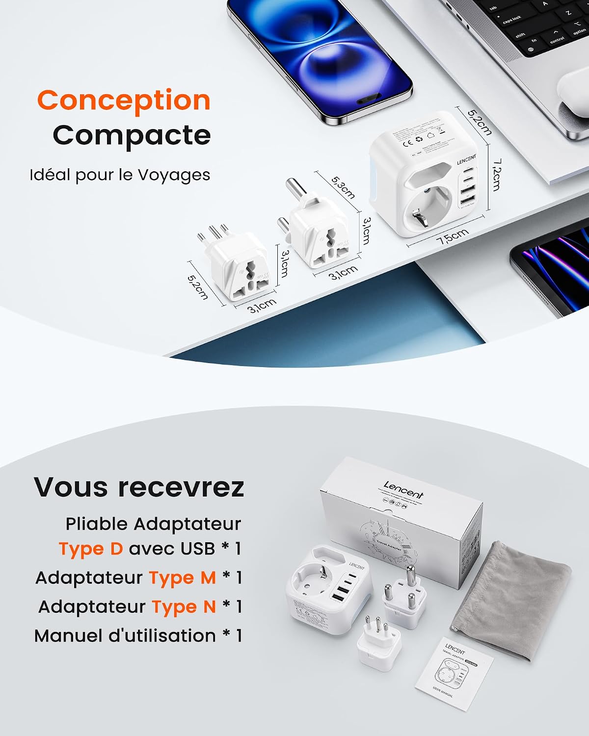 Detalle de Adaptateur prise Afrique du Sud Type D/M/N avec 4 ports USB – LENCENT