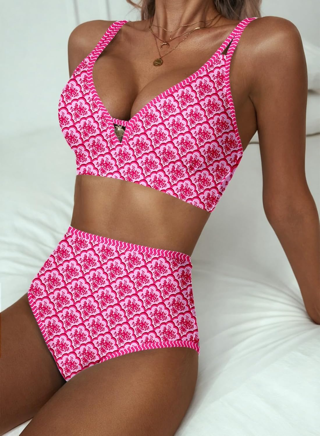 Thumbnail 4 de Herseas Women’s Floral Print 2-Piece Bikini Set with V-Neck Top and High-Waist Bottoms