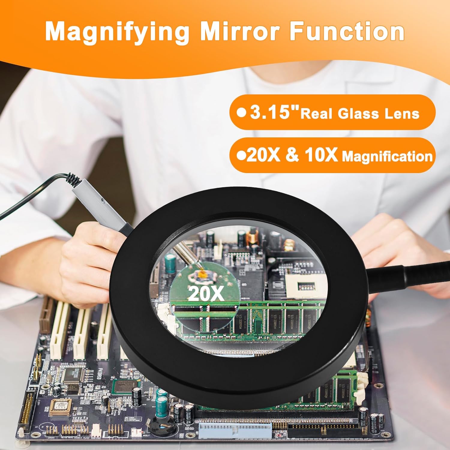 Thumbnail 2 de 20X/10X Dual-lens Magnifying Glass with Light and Timer (2 in 1) – 3 colour modes desk lamp for close-up craft work