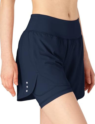 Detalle de DONHOBO Damen 2 in 1 Kurze Hose – Schnell trocknende Laufshorts für Yoga, Training und Fitness (Navy, L)