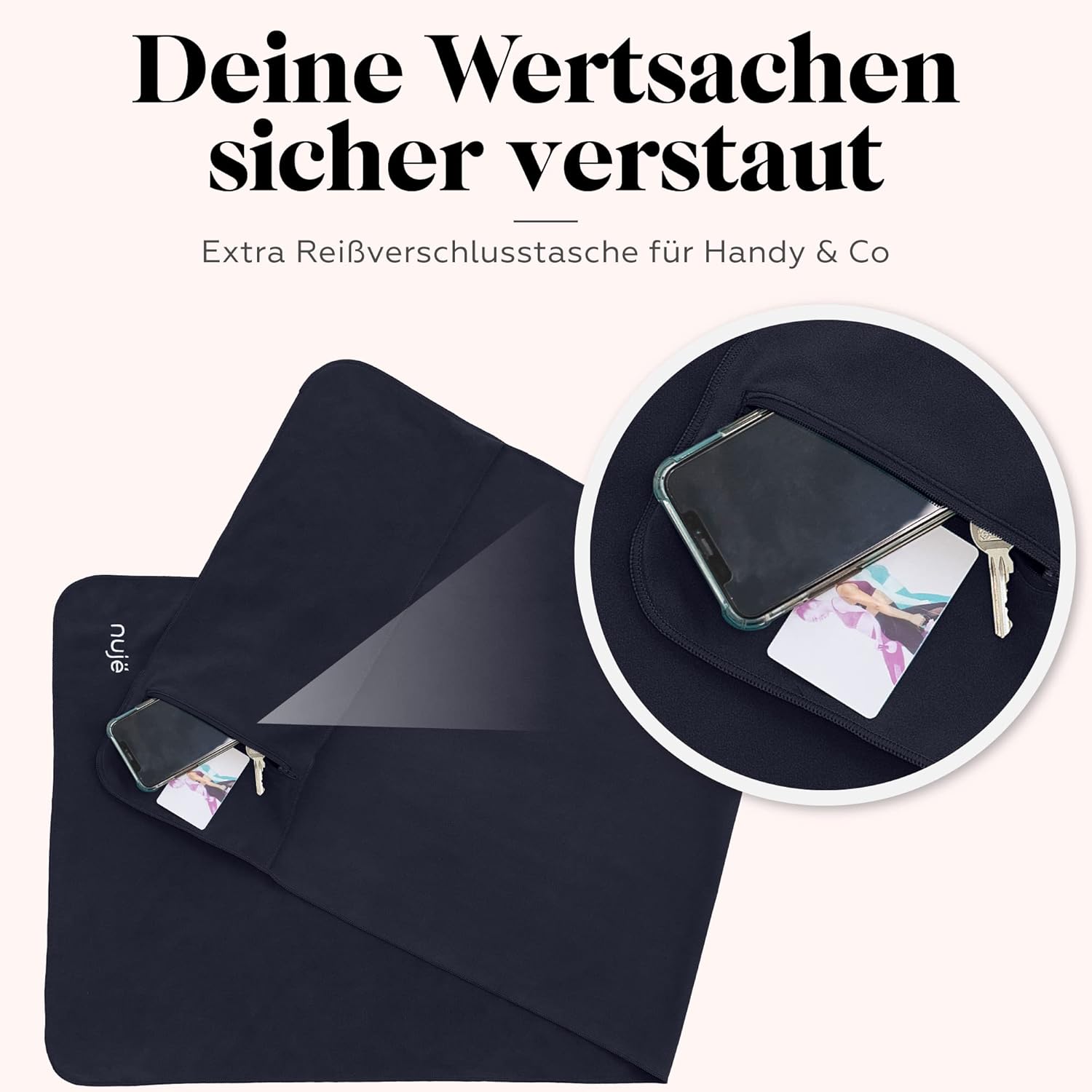 Detalle 2 de nujë Fitness-Handtuch mit Tasche aus Microfaser (125 x 50 cm) inkl. Geschenkverpackung