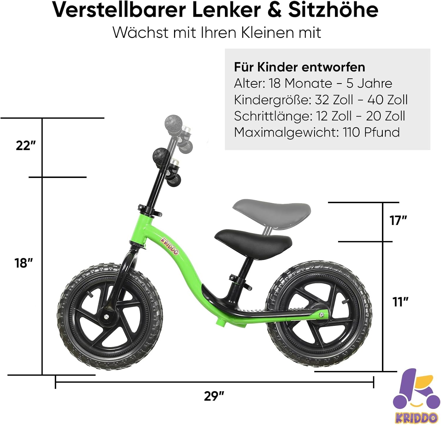 Thumbnail 3 de KRIDDO Kinder-Laufrad ab 2 Jahren: interaktives Lauflernrad mit Fußstütze und Lenkbegrenzung