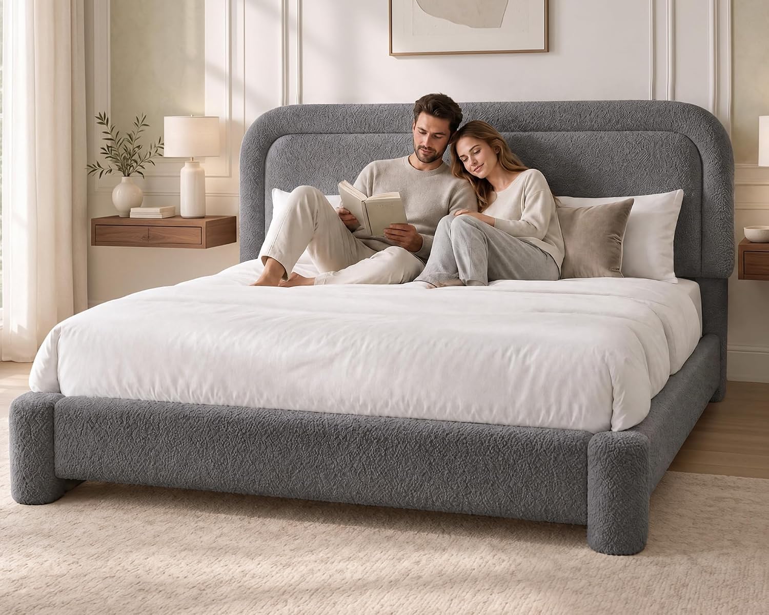 Detalle de Dyonery CA-BD23-DG-K King Boucle Bed Frame, Adjustable Headboard, Grey