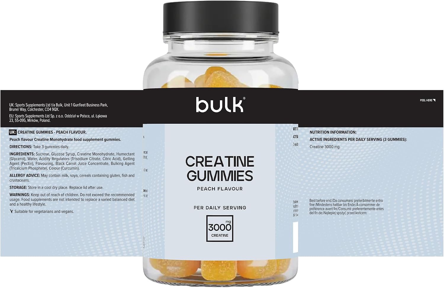 Detalle 2 de Bulk Caramelle gommose con Creatina 1 g, Pesca – 60 pezzi