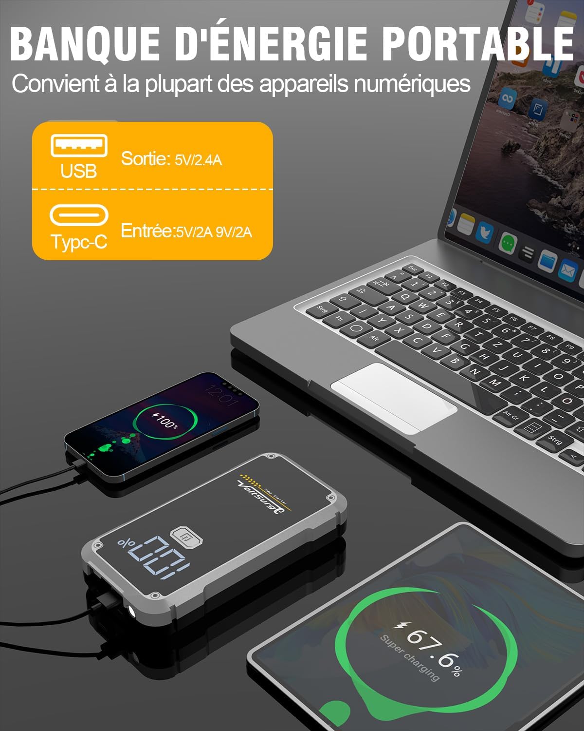 Detalle de Démarreur de Batterie de Voiture 5000A - VoltSurge D06 (Démarreur Portable 12V, 7.0L Essence / 5.5L Diesel) avec Pinces, USB et Lampe LED