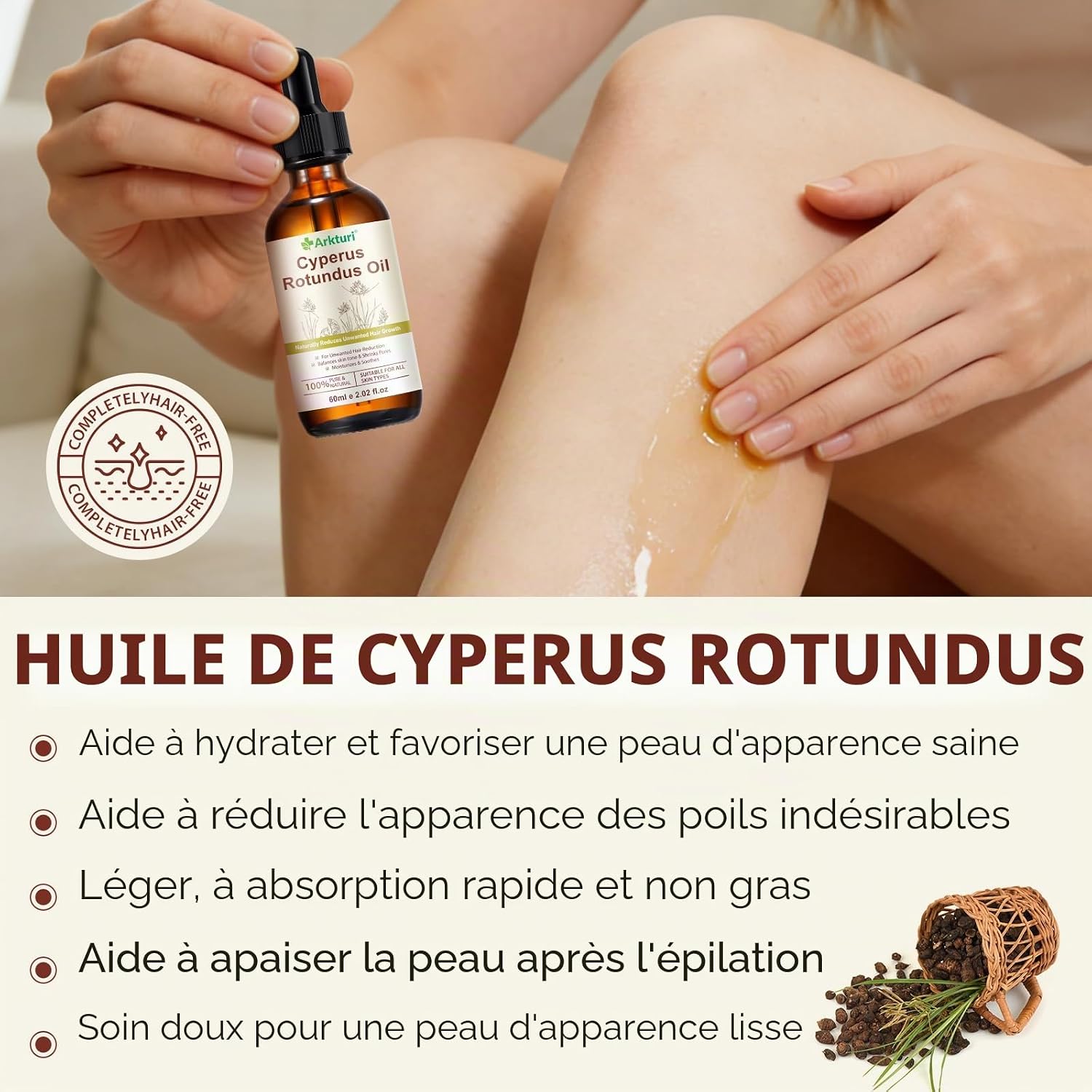 Detalle de Huile de Souchet Anti Poils 60 ml – Huile Cyperus Rotundus, épilation douce et hydratante