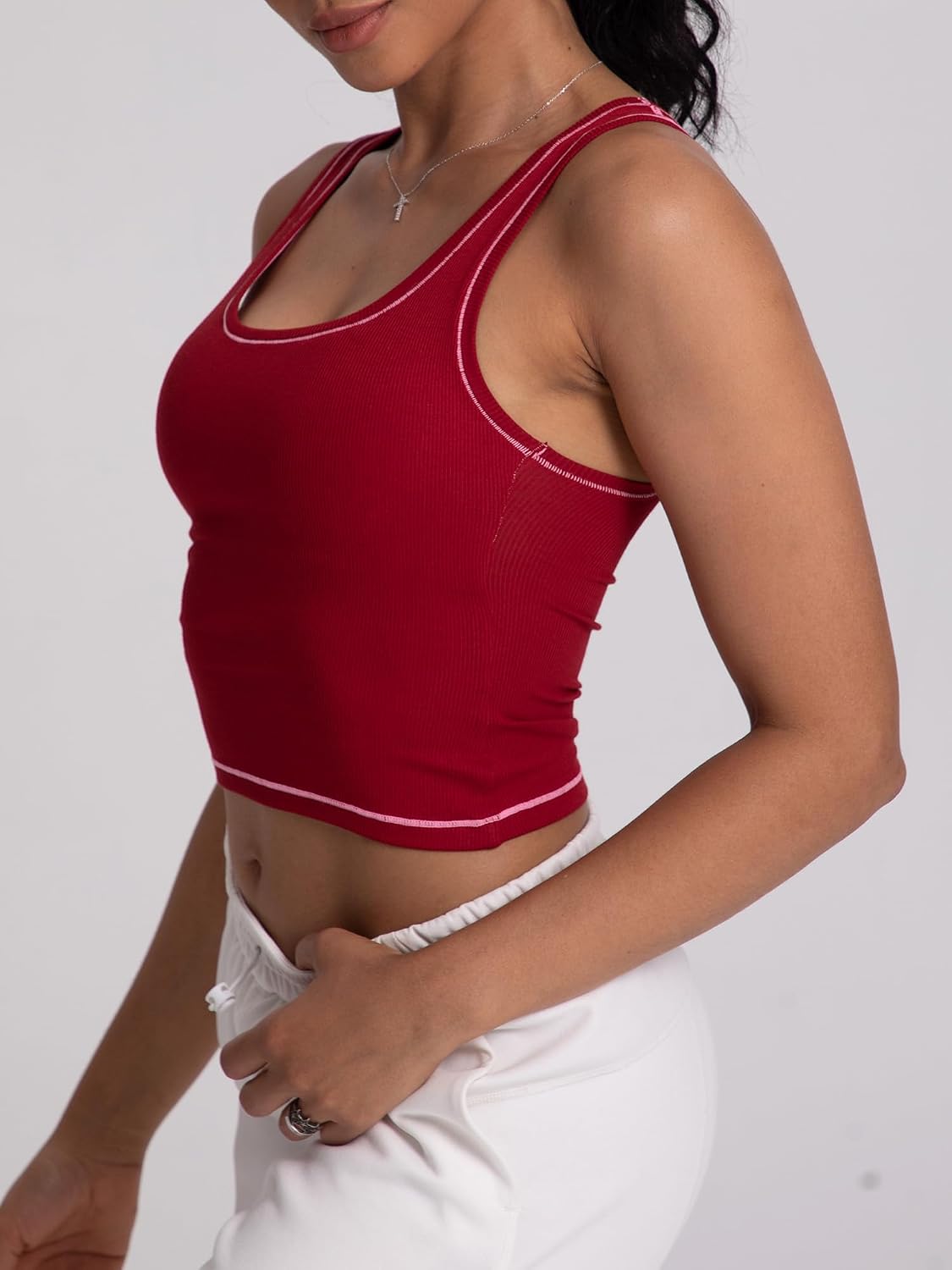 Detalle 2 de Danysu Women Rib Tank Top Padded Workout Top – Square Neck Crop, Fitted Camisole