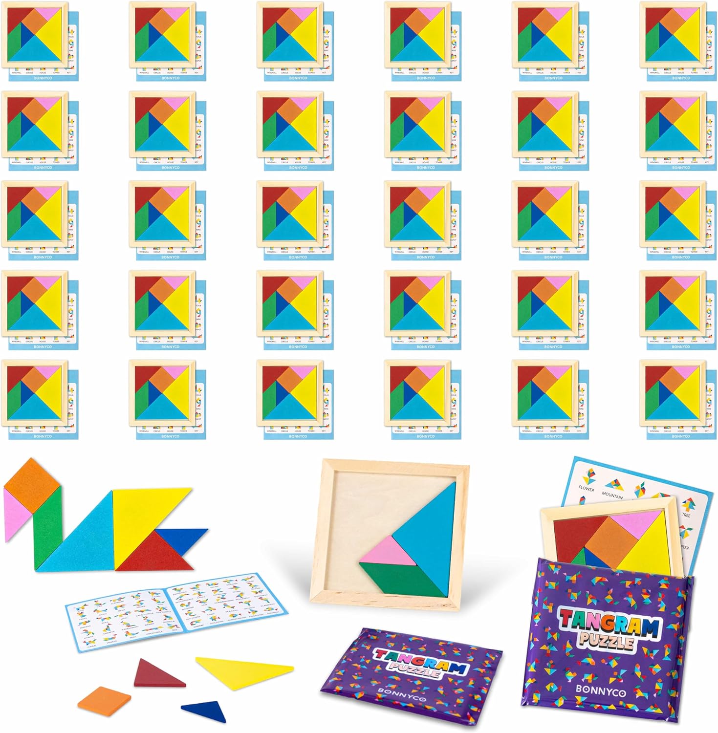 Detalle de BONNYCO Tangram Pack 30 Wooden Puzzles 3.9"