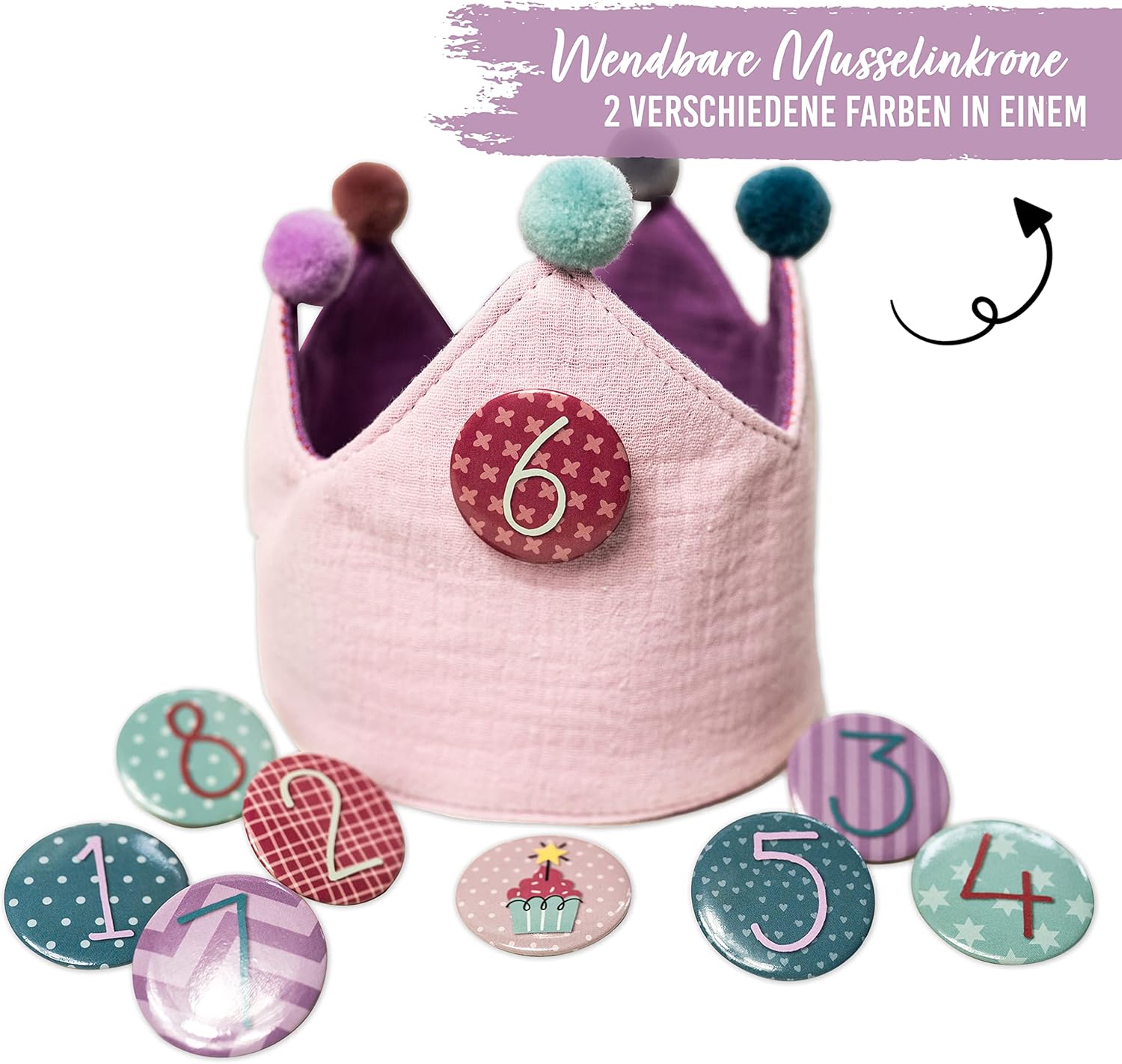 Thumbnail 1 de Papierdrachen Geburtstagskrone aus Musselin mit Zahlen 1–8 (Set für Kindergeburtstag)