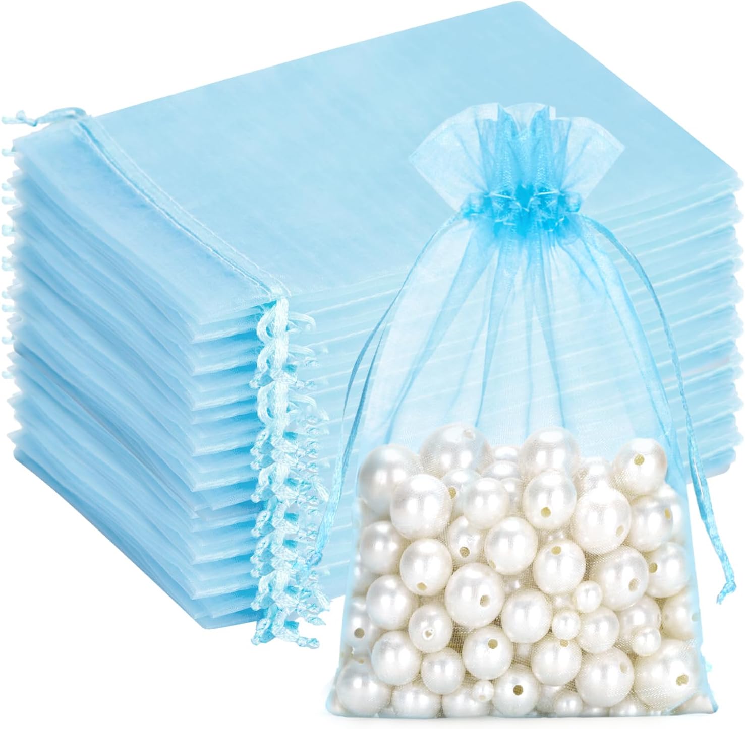 Detalle de G2PLUS Lake Blue Organza Gift Bags (13x18 cm) – Clear Mesh Pouches, 100 Pack