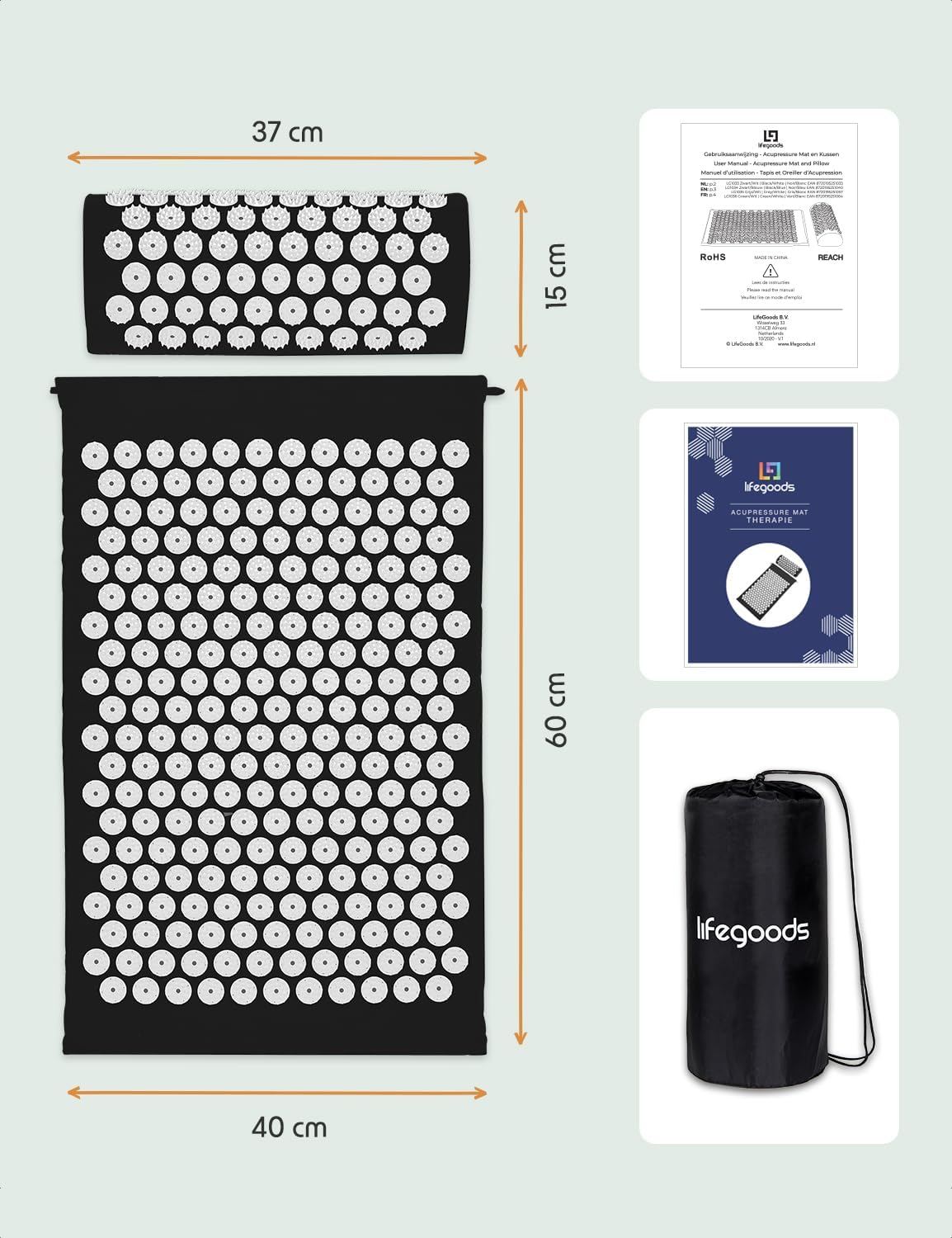 Thumbnail 6 de LifeGoods Tappetino Agopressione Mysa bianco e nero con cuscino e sfere massaggianti