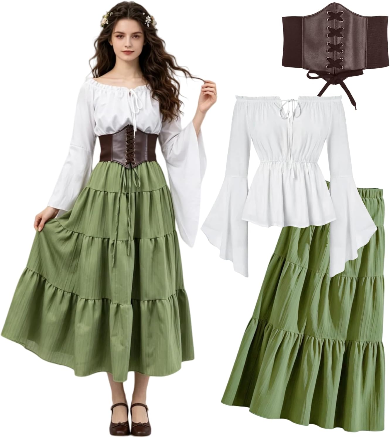 Detalle de Renaissancekostuum voor dames met offshoulderblouse, maxirok en korset