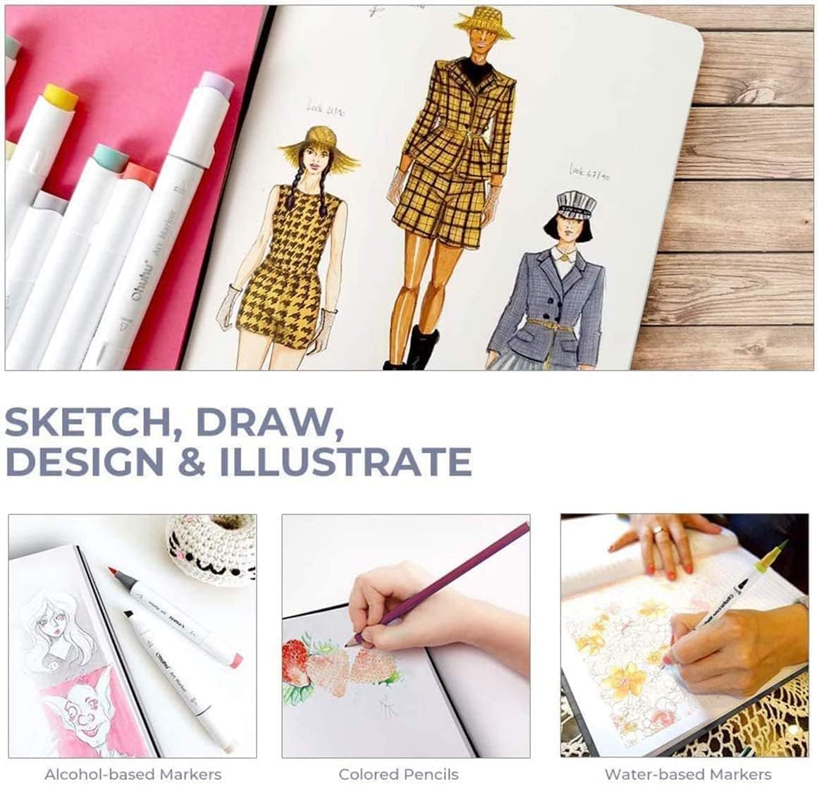 Detalle de Ohuhu Marker Sketchbook (Square 21×21cm) 200GSM Acid-Free Paper, 156 Pages with PU Hardcover