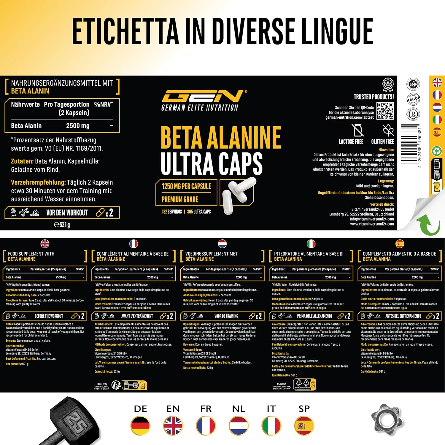 Detalle de Beta Alanina Ultra Caps di German Elite Nutrition: 365 capsule da 1.250 mg ciascuna