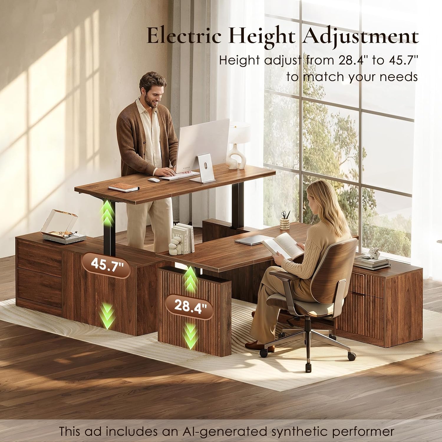Thumbnail 4 de OffiGo 55-Inch L-Shaped Electric Standing Desk, Reversible Walnut, 1-Inch Top