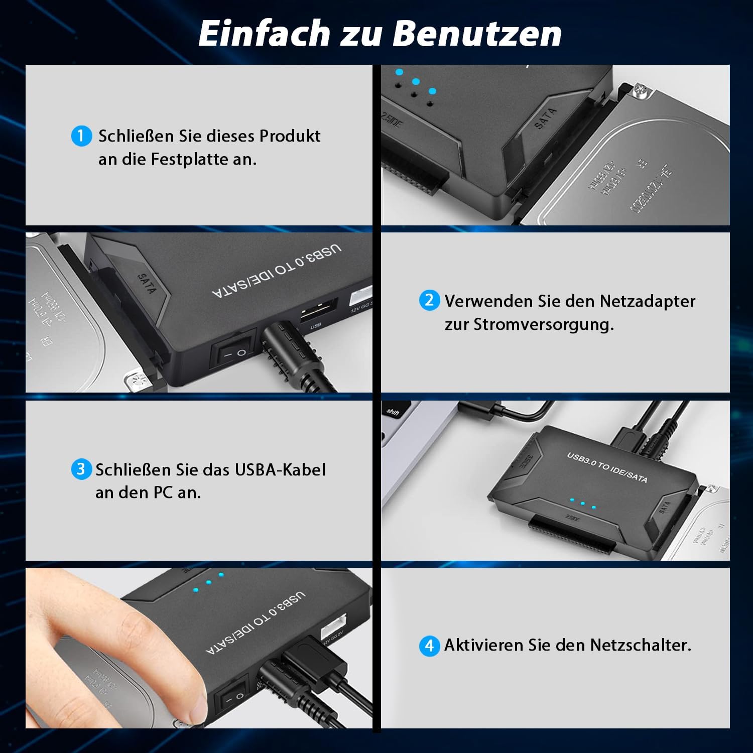 Thumbnail 4 de Amtake USB 3.0 zu IDE/SATA Festplatten Adapter – Vielseitiger Docking-Konverter mit 12V Netzteil