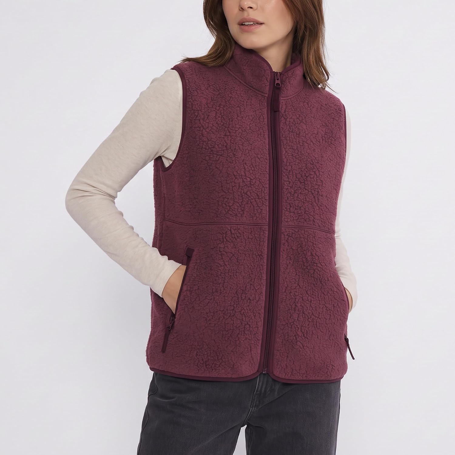 Thumbnail 6 de Hixiaohe Women's Sherpa Fleece Vest, Lightweight Zip-Up with Mock Neck and Pockets