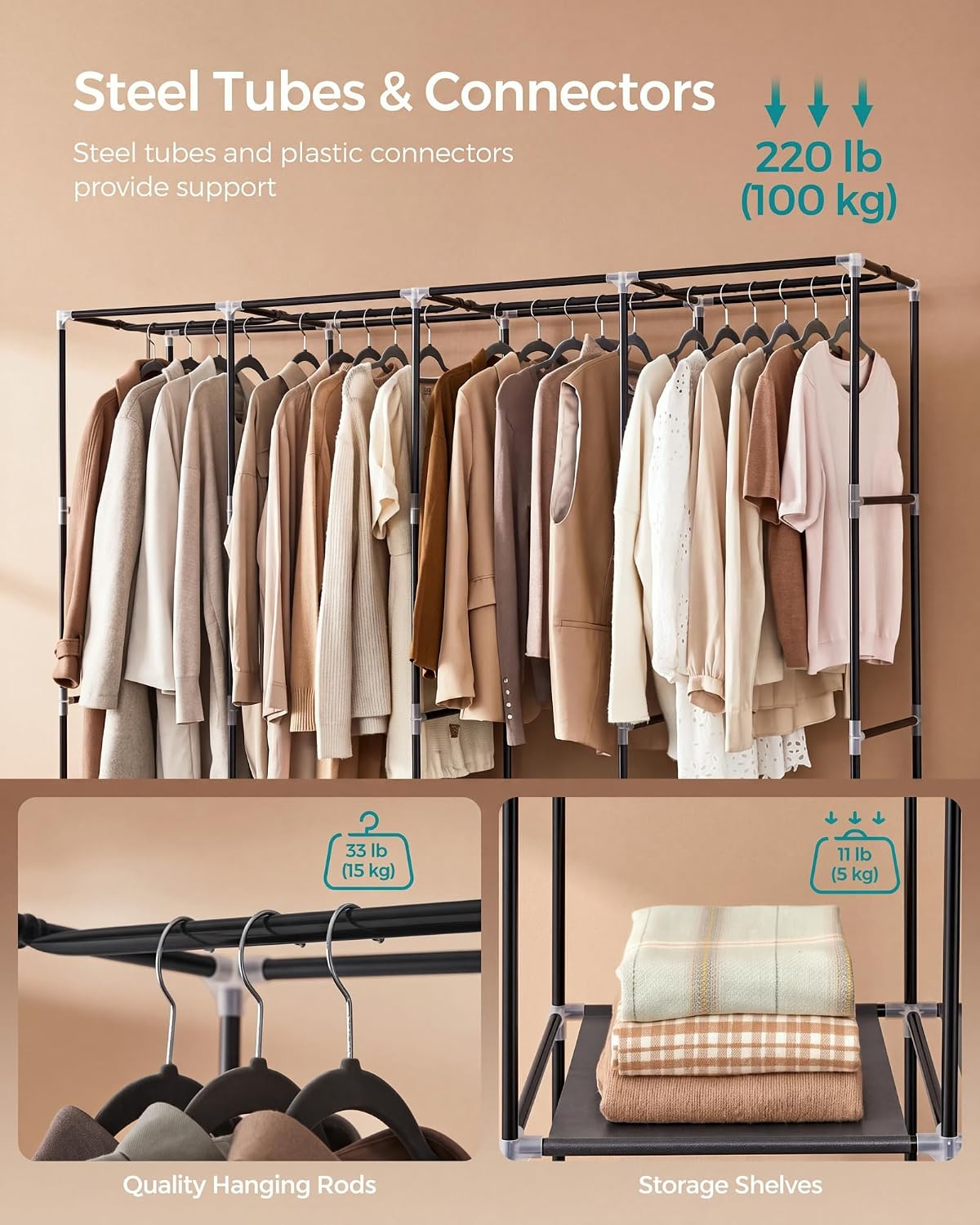 Detalle de SONGMICS RYG094B02 Portable Clothes Wardrobe, 4 Rails and Shelves, Ink Black