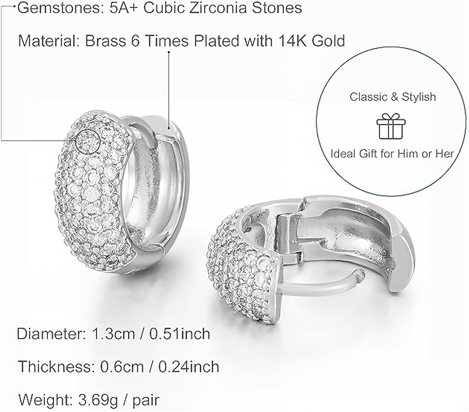 Thumbnail 2 de HANLI Orecchini uomo a cerchio (huggie) in argento 925 / oro placcato 14K con zirconi cubici anallergici