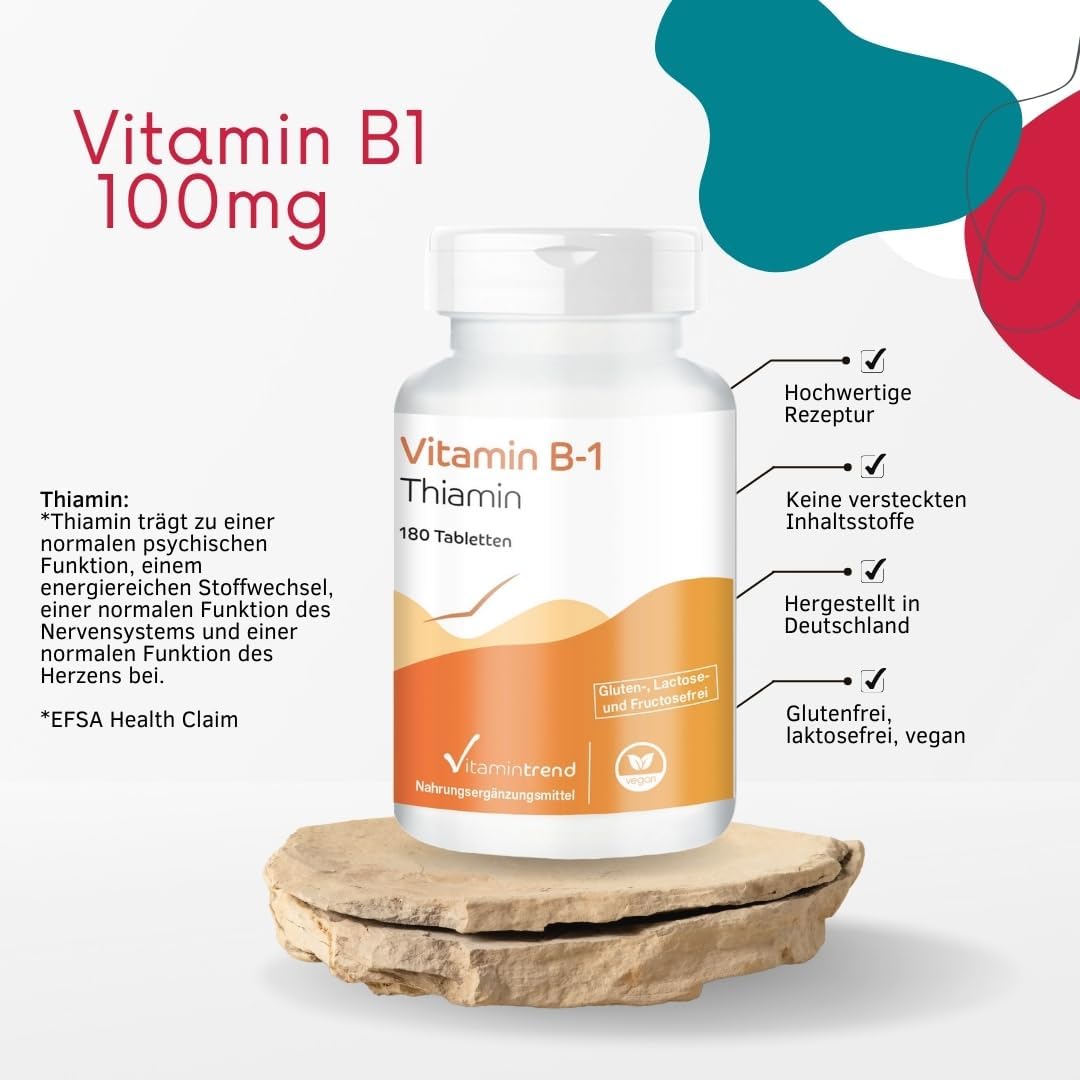 Detalle 2 de Vitamintrend Vitamin B1 hochdosiert 100 mg – VEGAN, 180 Tabletten, hergestellt in Deutschland