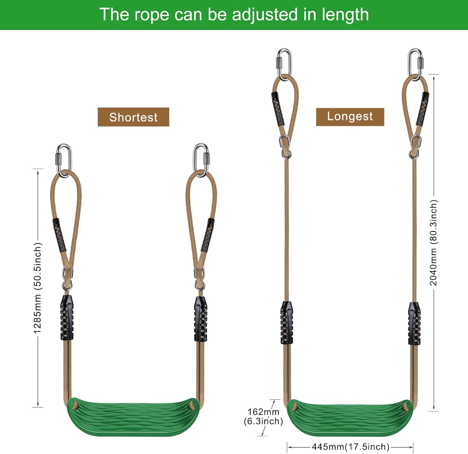 Thumbnail 3 de BeneLabe 2pcs Balançoire Extérieur avec Siège au format “hanche” – corde 130–200 cm, 113 kg, mousquetons inclus