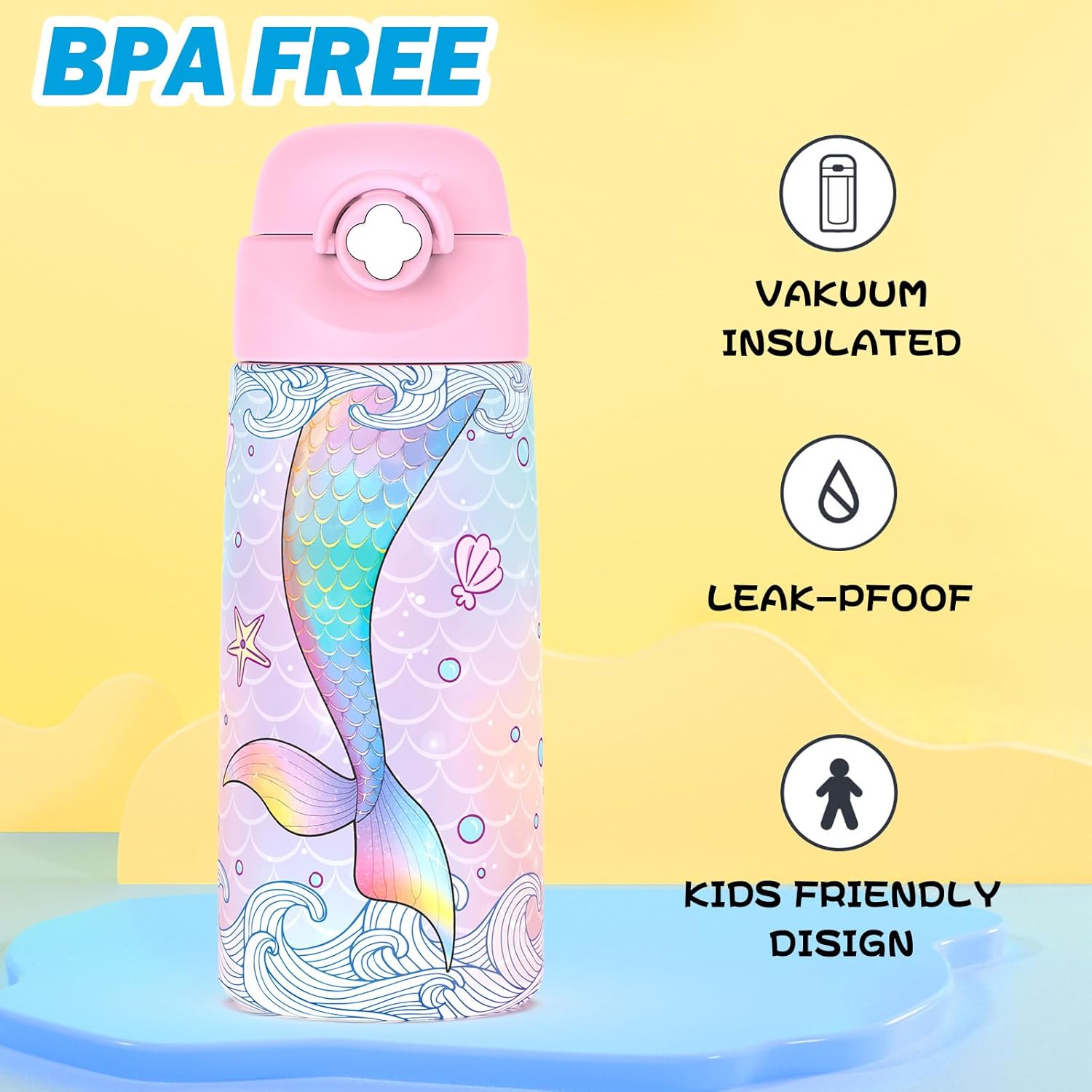 Thumbnail 2 de Ntswasd Girls Insulated Water Bottle (Mermaid) with Covered Pop-Up Straw, 500 ml
