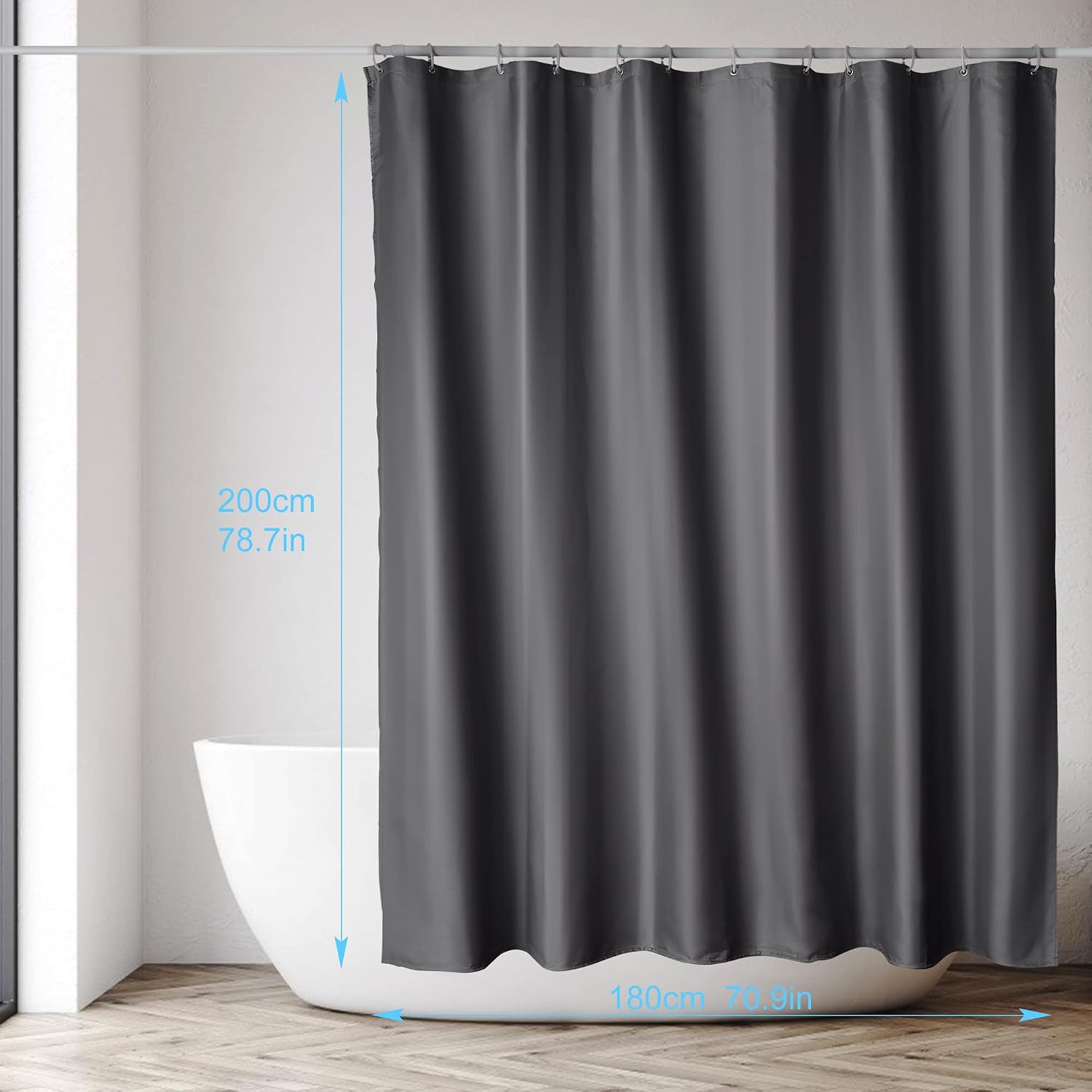 Detalle de DUFU Rideau de douche séchage rapide 180 x 200 cm gris foncé (polyester imperméable, semi-transparent) avec 12 crochets