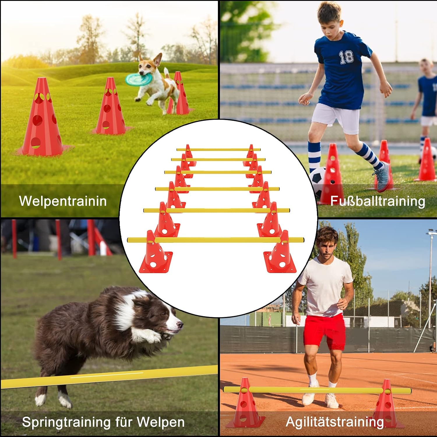 Detalle de Aufun Dog Agility Equipment: Training Hurdles with Adjustable Height and 12 Red Cones