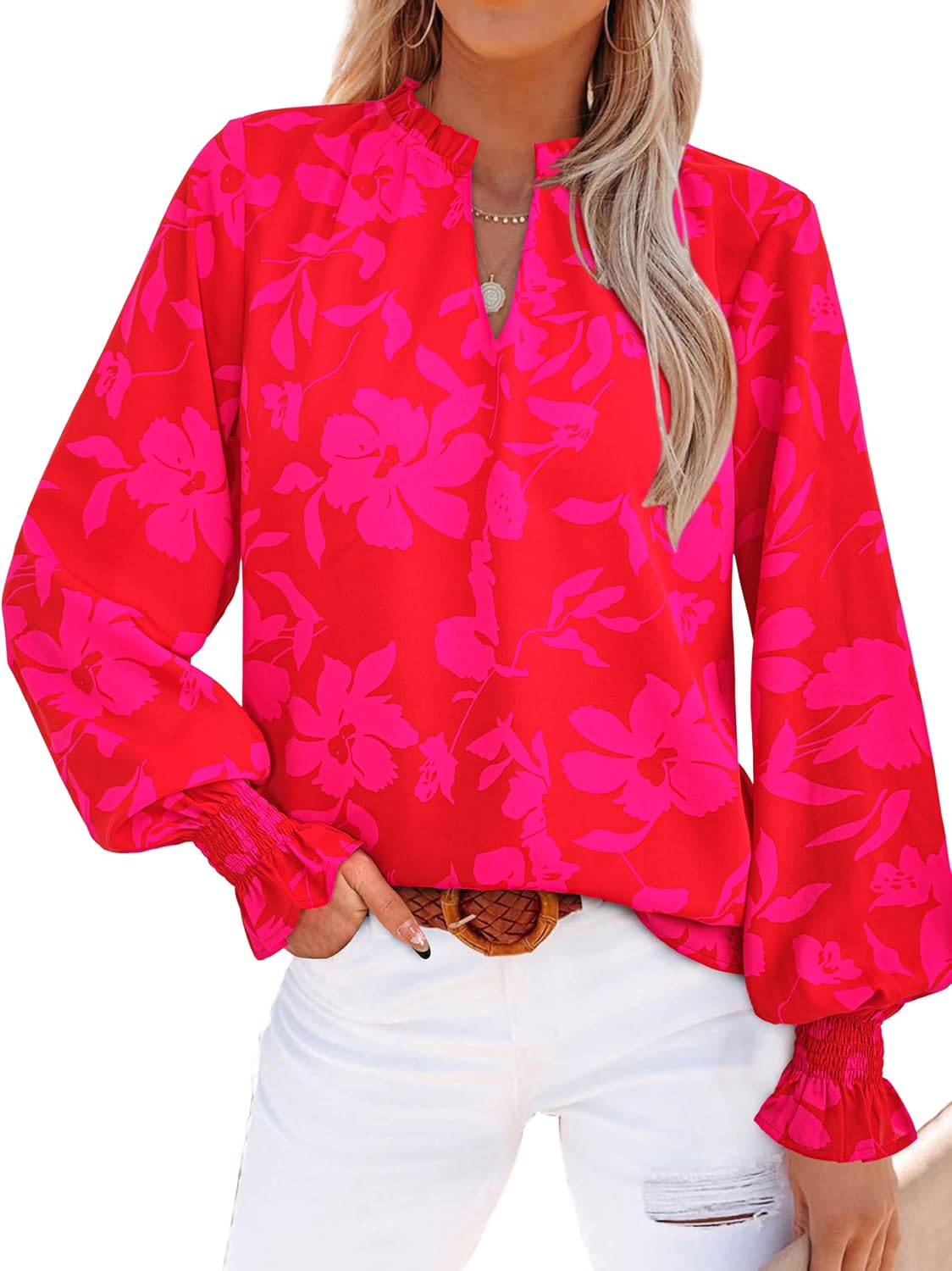 Detalle de MASCOMODA Women's V Neck Floral Long Sleeve Top — Boho Chic for 2026 Summer