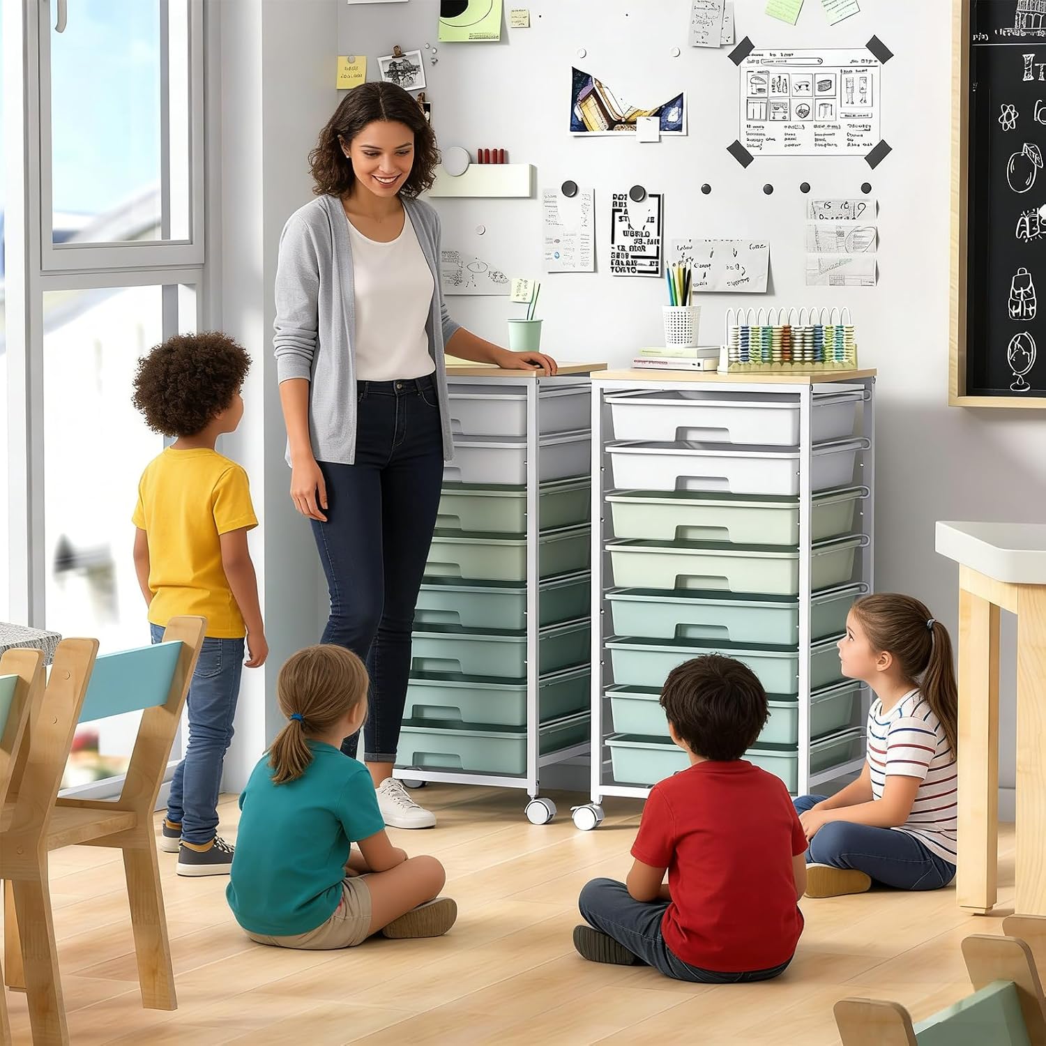 Detalle de SYKIARIOL 1250-4 Rolling Storage Cart, 8 Drawers, Green, Wooden Top