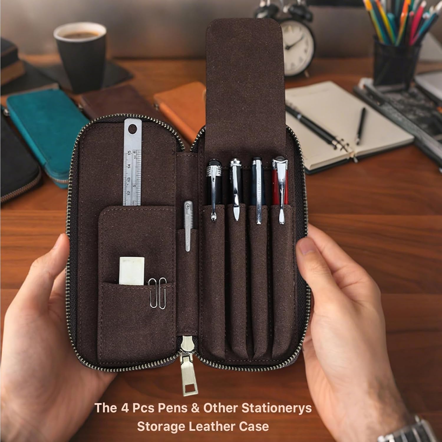 Thumbnail 2 de CONTACTS Leather 4 Slots Pens Case Pouch with Zipper Closure