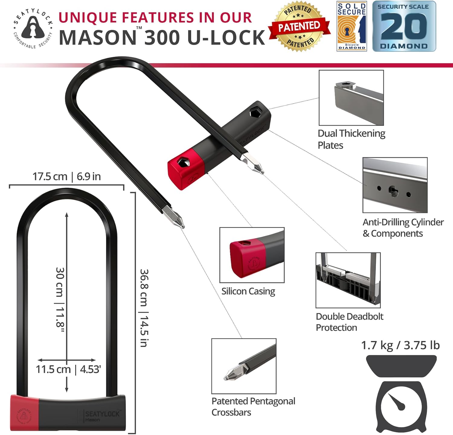 Thumbnail 5 de Seatylock Mason antivol vélo en U Velo U, classé Sold Secure Diamond — 30 cm