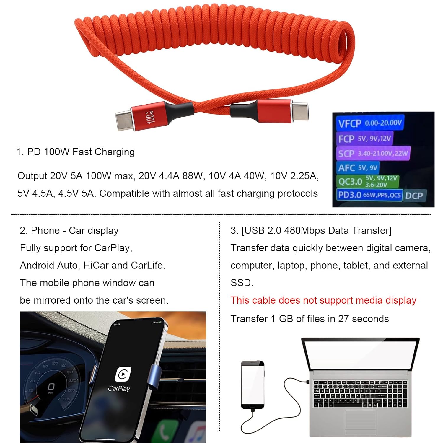 Detalle 2 de HangTon USB-C to USB-C 100W Fast Charging Braided Coiled Cable