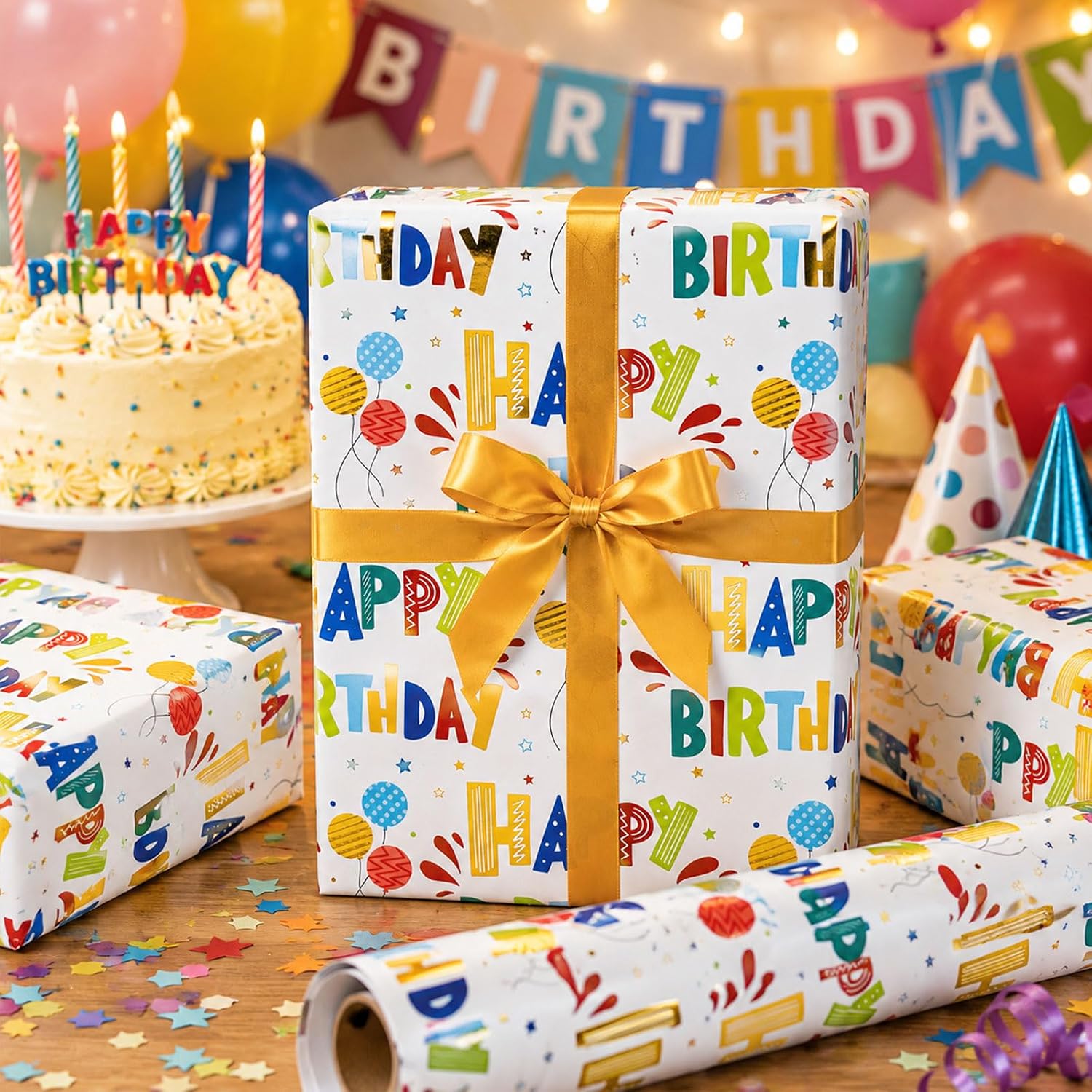 Thumbnail 2 de Burymento Birthday Wrapping Paper Roll – Colorful Gold Foil with Balloons & Stars (17 in x 32.8 ft)