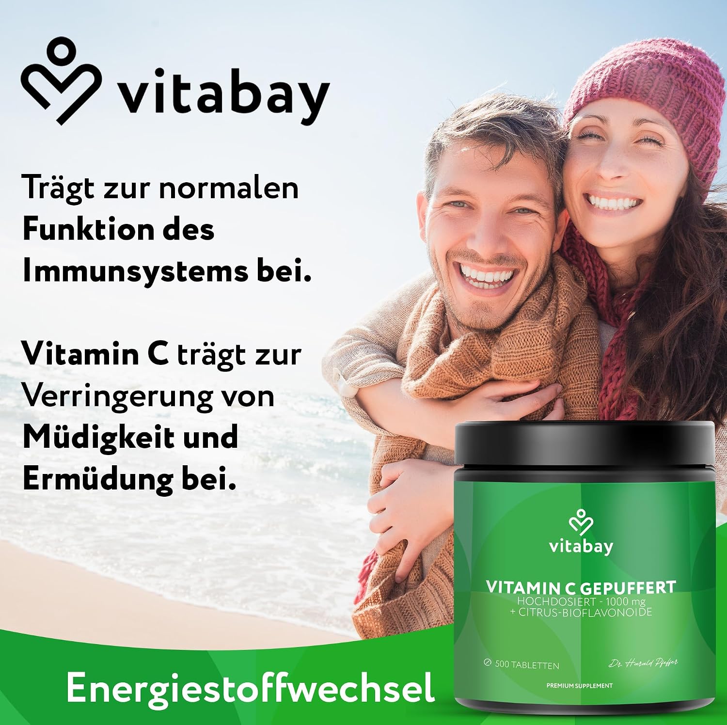 Detalle de Vitabay Vitamin C 1000 mg – 500 vegane Time-Released Tabletten mit Depot-Effekt