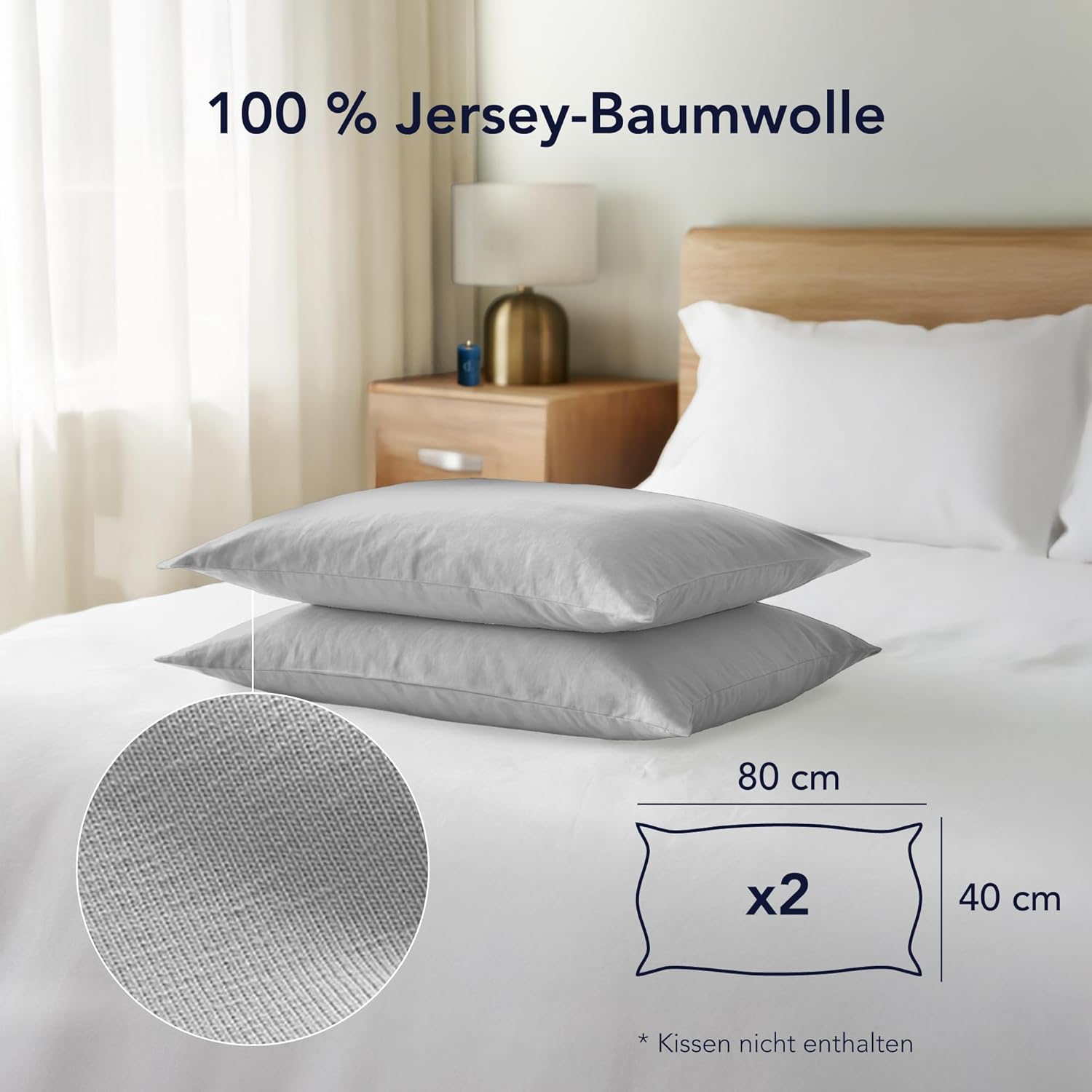 Detalle de Dreamzie Kissenbezug 40 x 80 cm (Set mit 2) aus 100% Jersey-Baumwolle – grau