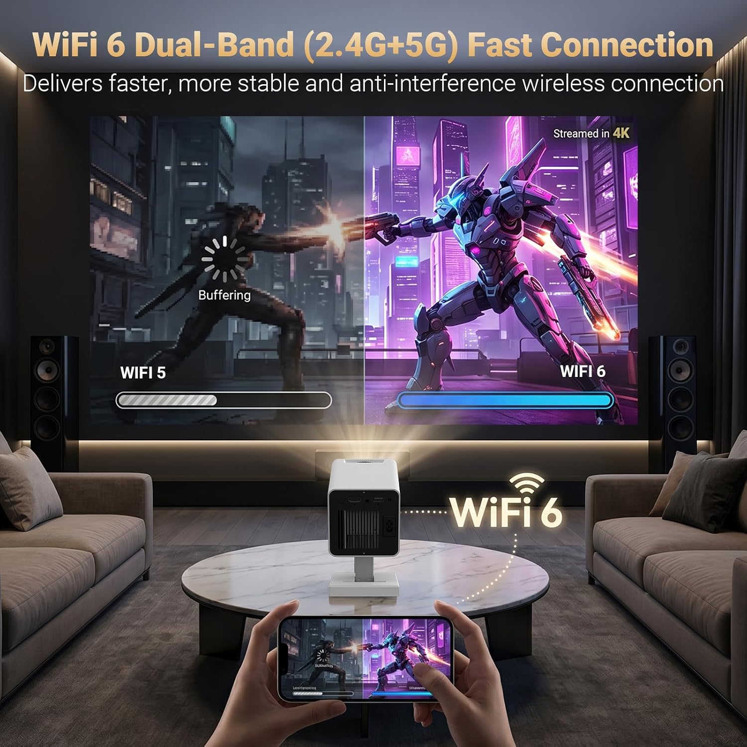 Detalle de Mini Projector for Bedroom Portable with WiFi 6, Bluetooth 5.4, and Built‑In Apps