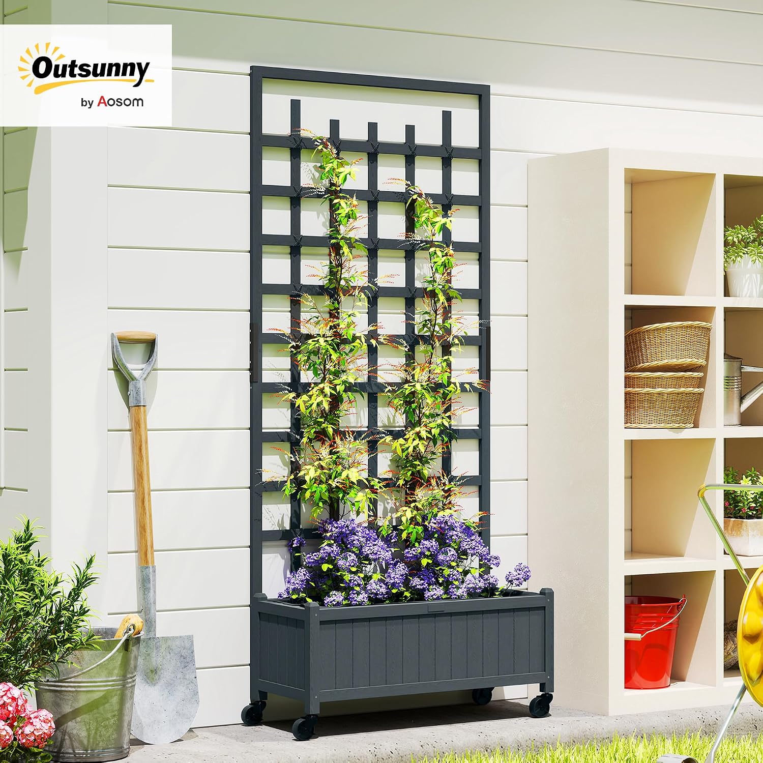 Detalle 2 de Outsunny 84H-001V00GY Wooden Trellis Planter, Grey, 54L, with Wheels