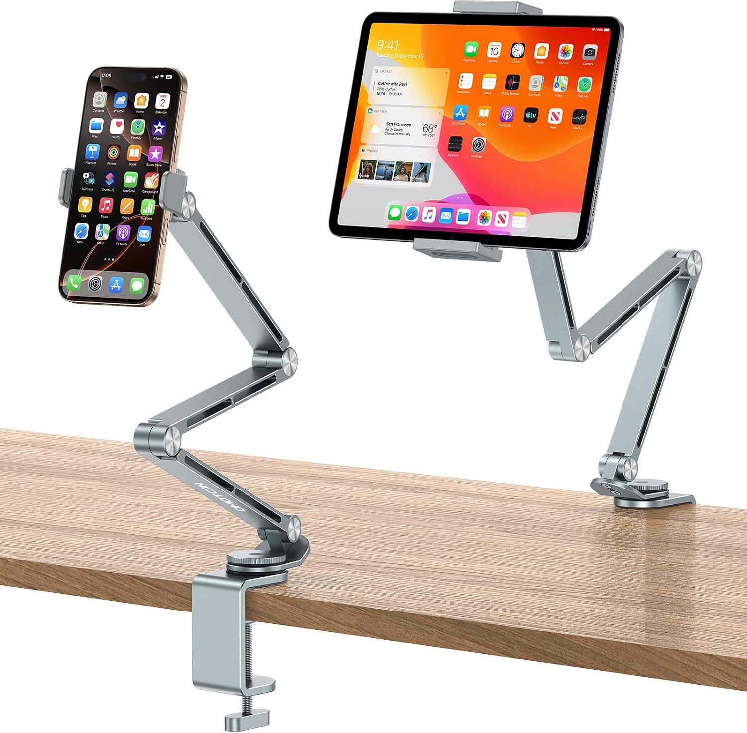 Detalle de OMOTON GH03 aluminiowy uchwyt na tablet i telefon, obrót 360°, szary