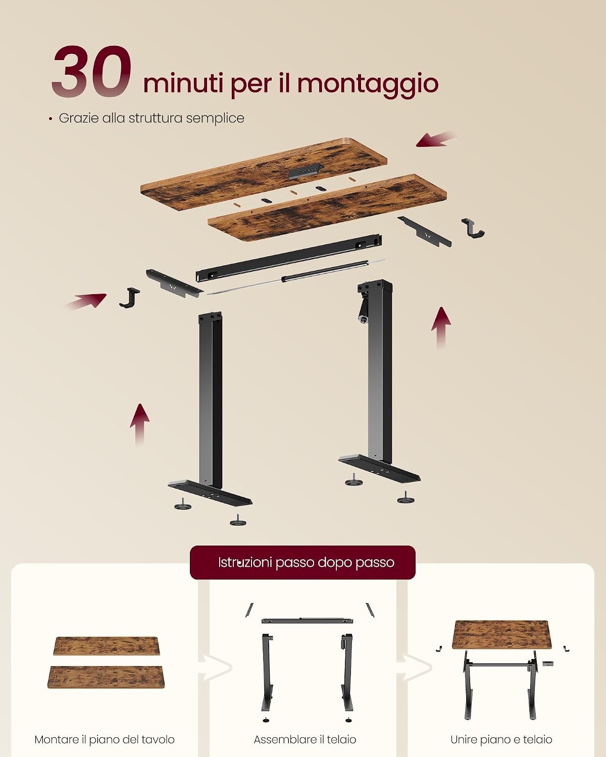 Thumbnail 6 de VASAGLE Scrivania Regolabile in Altezza Elettrica 80x50 cm Marrone Vintage LSD308KD03