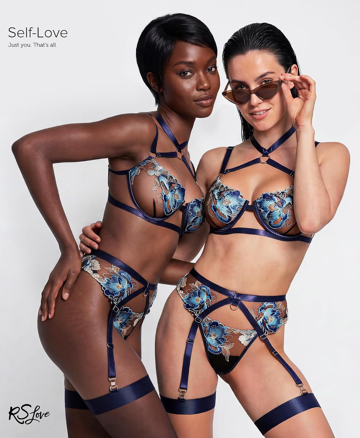 Detalle 1 de RSLOVE lingerieset met meshbeha, slipje, bloemenpatroon en jarretelgordel
