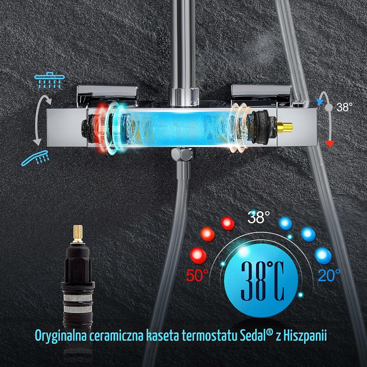 Detalle 2 de JOHO kolumna prysznicowa 30 × 30 cm z termostatem i regulowanym montażem